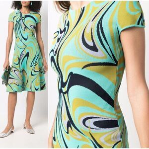 EMILIO PUCCI Turquoise Onde Print Fit & Flare Knit Knee Length Dress Siz…